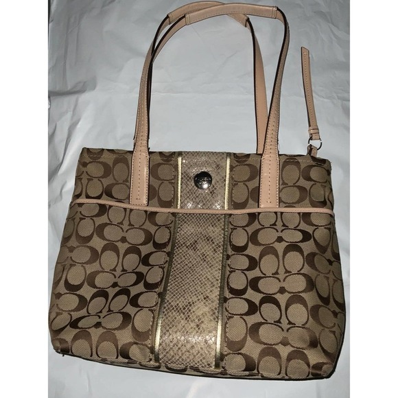 COACH SIGNATURE STRIPE PYTHON KHAKI TOTE - Picture 12 of 12